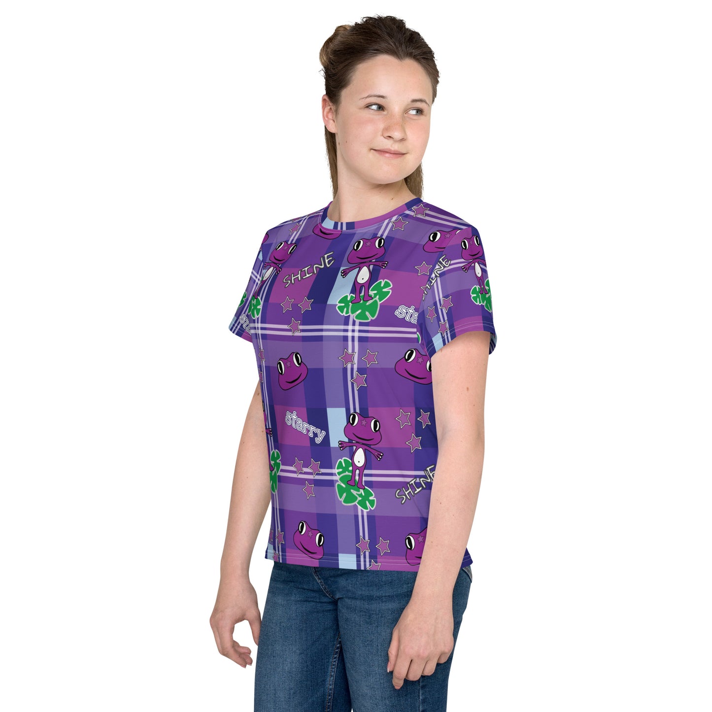Starry gecko purple plaid Youth crew neck t-shirt